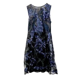 T. Tahari Dress Womens Size 2 Dark Blue Cocktail Embroidery Layer Velvet Slip